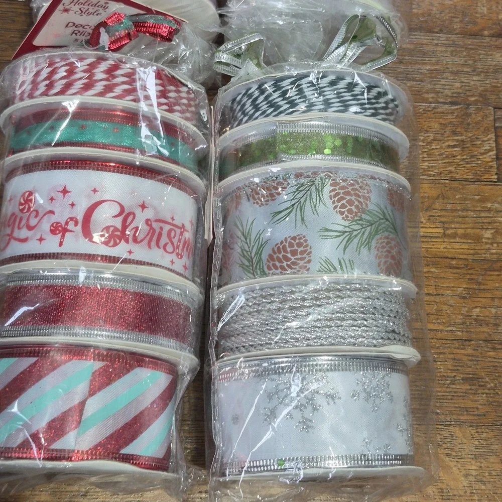 Lot of Christmas Craft Ribbon Wired Holiday Multi Pack Blues Silver Sparkle Cord